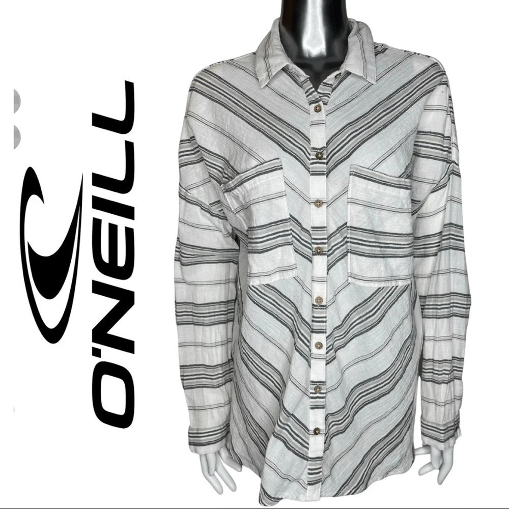 🛍️3/$40 O'Neill Button Front Long Sleeve Stripe Top Grey White Blouse Small